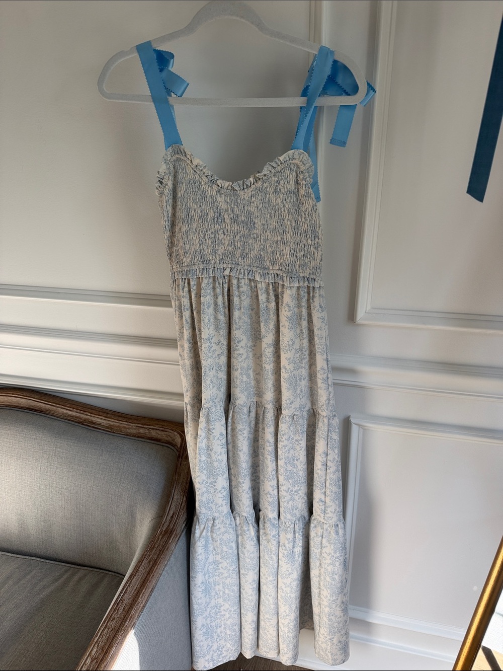 Smocked Floral Maxi Dress with Blue Ribbon Straps